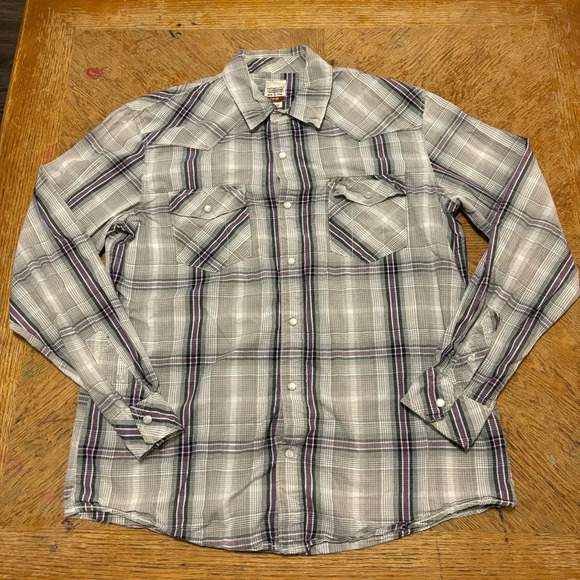 Levi Pearl Snap Shirt Mens Large Gray Purple Plaid Western Long Sleeve Cowboy - Picture 1 of 5